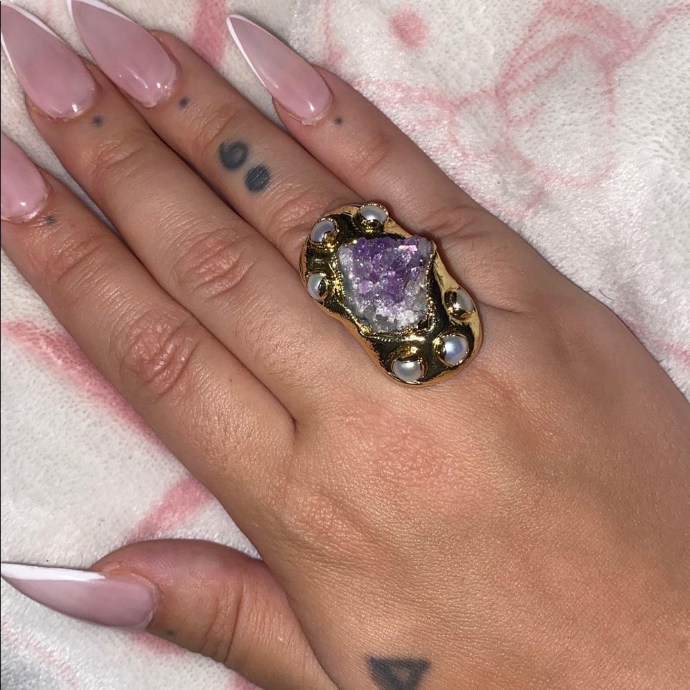 Real Amethyst and Pearl 18k GP Ring - Picture 5 of 5